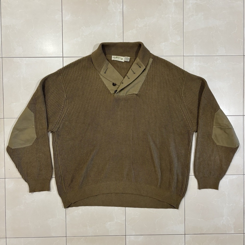 Orvis Shawl Sweater Men's Sz XL Brown Military Style Collar Elbow Patch Vintage